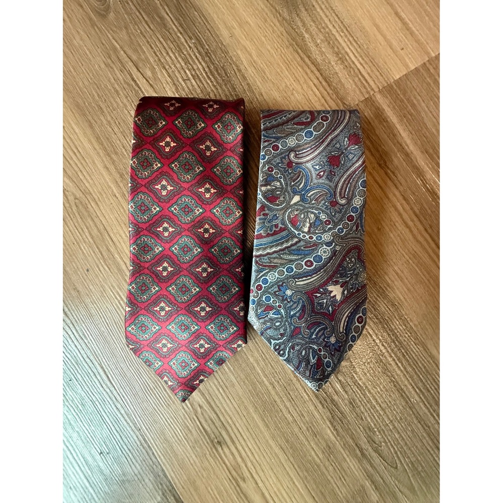 Vintage Etienne Aigner Mens Silk Tie Lot 2 Red Geometric Medallion/Blue Paisley